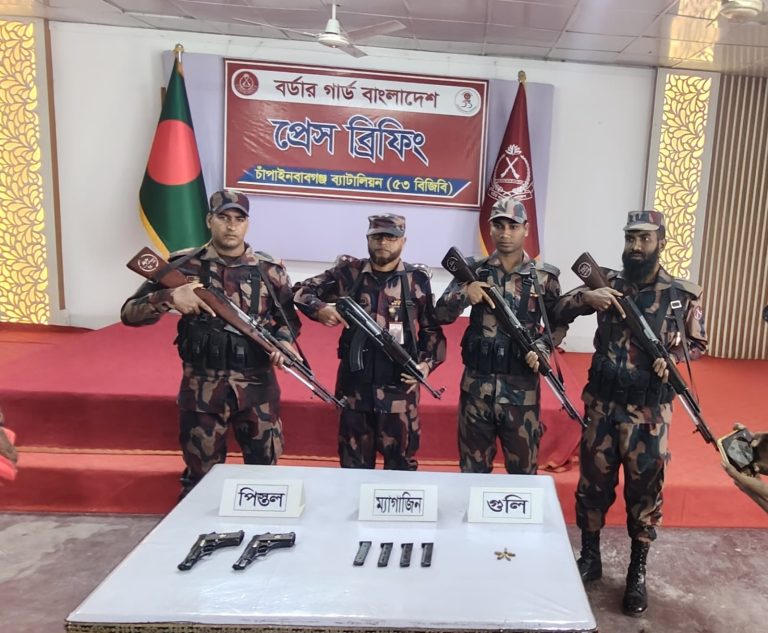চাঁপাইনবাবগঞ্জে বিজিবির অভিযানে পিস্তল, গুলি ও ম্যাগাজিন জব্দ 